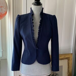 Vintage SASSON PARIS NEW YORK cropped Blazer poof shoulder ruffle tailored navy